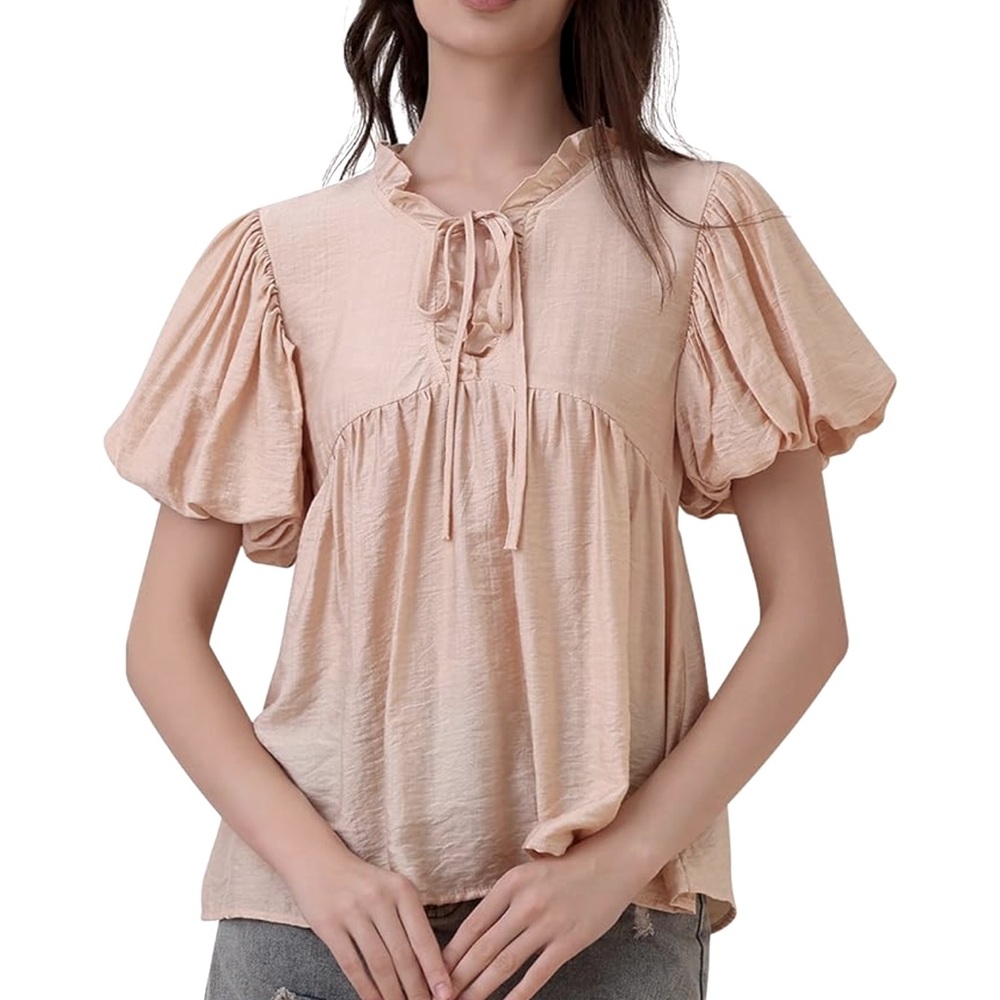Chicgant Puff Sleeve Blouse V-Neck Apricot Ruffle Top, 60% Cotton/40% Poly Large